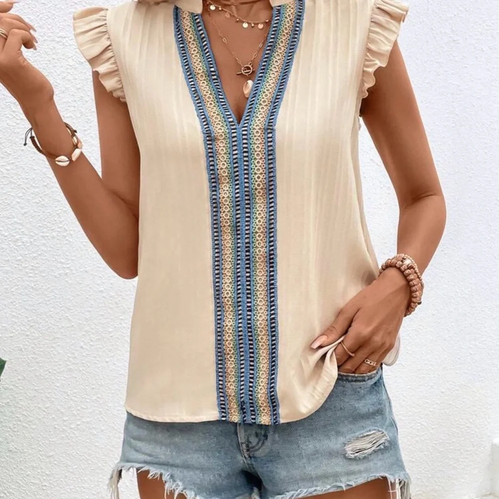 Cream Embroidered V-Neck Ruffle Sleeve Blouse - Picture 6 of 6